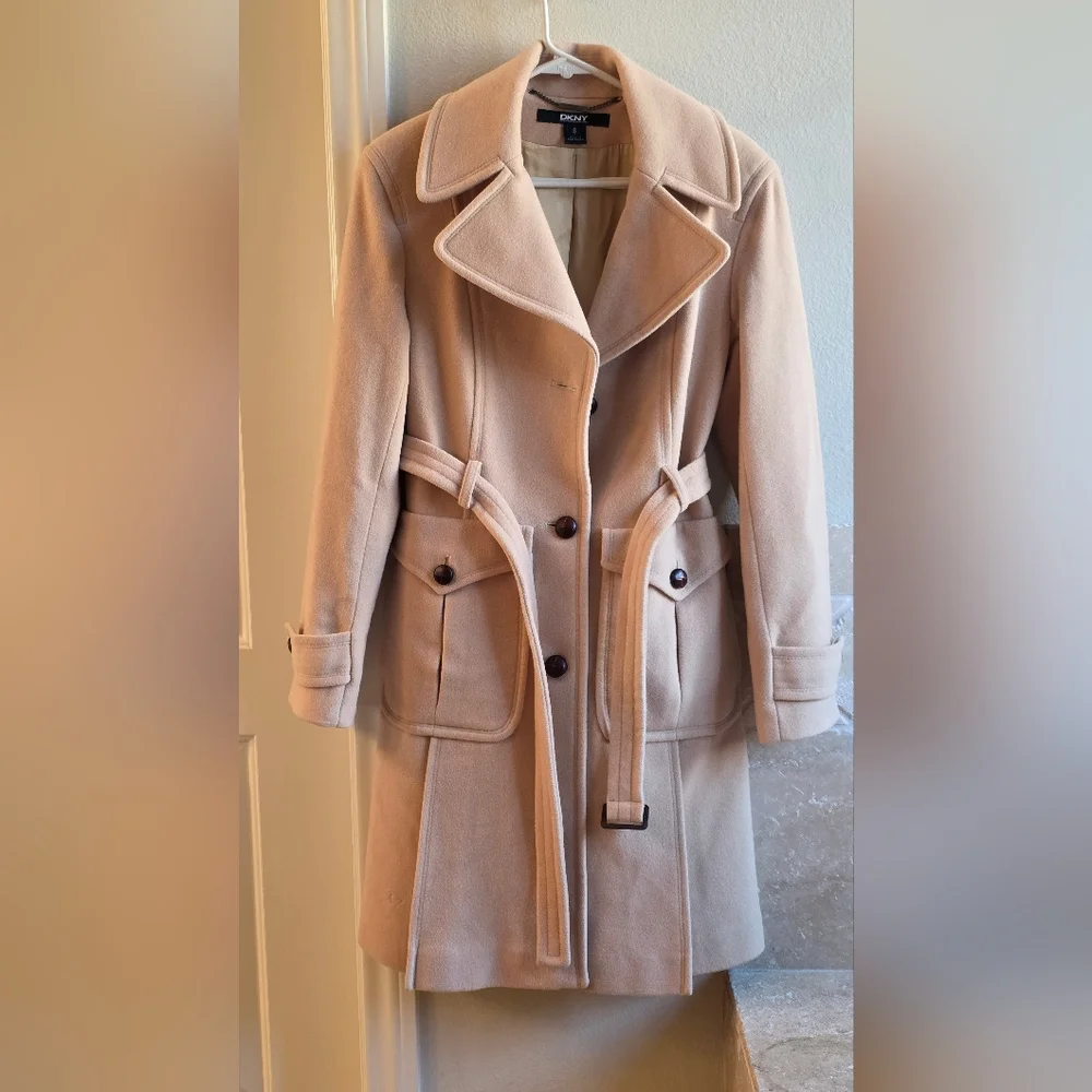 DKNYC Vintage Camel Wool Coat Belted Pockets Old Money Quiet Luxury Minimalist 6 - Picture 2 of 9